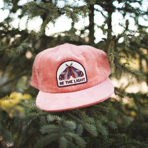 Trek Light Be The Light snapback hat with moth patch, flat brim; chic pink corduroy design nestled in green pine branches.