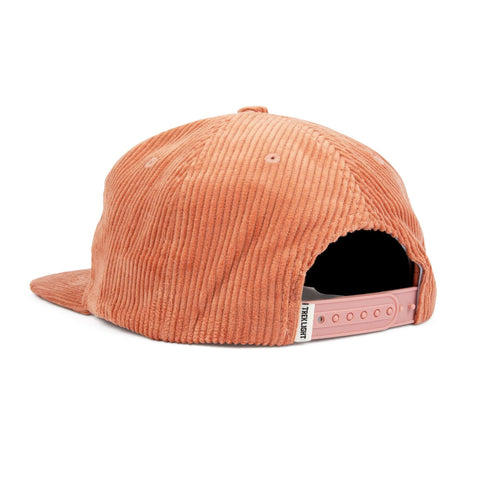 Trek Light 6-panel snapback hat in peach corduroy with flat brim, adjustable fit, stylish back view