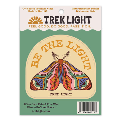 Colorful "Be The Light" sticker by Trek Light, UV and water-resistant vinyl, perfect for the outdoors. Made in the USA. Size: 3.1" x 2.8".