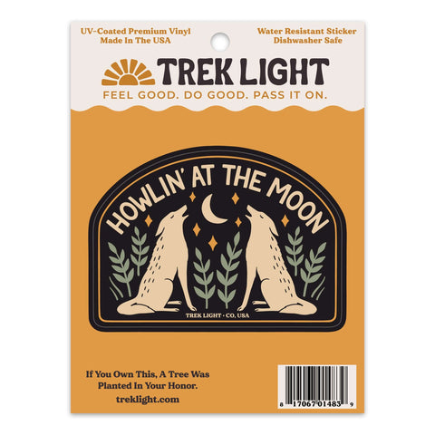 Howlin' At The Moon sticker with UV protection, waterproof vinyl, dishwasher safe, USA-made, high-quality outdoor use. By Trek Light.
