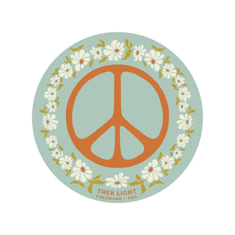 Peace symbol sticker by Trek Light, 2.9" round, featuring floral design. Made in USA, weatherproof and UV resistant vinyl. Dishwasher safe.