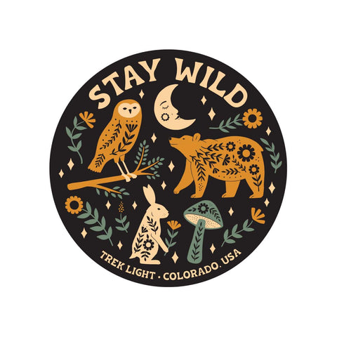 Stay Wild sticker with animals and moon design, made in USA, weatherproof vinyl, UV fade resistant, 2.83 x 2.83 inches.