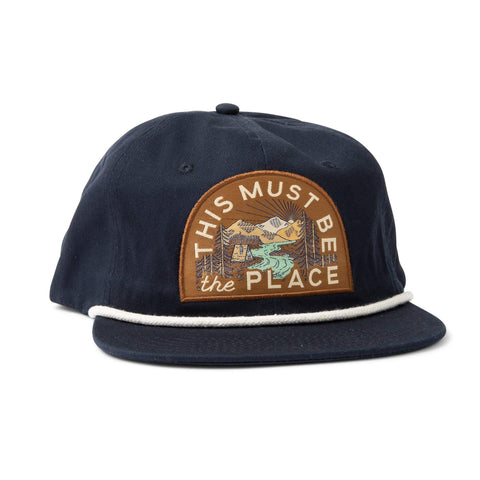 "This Must Be The Place" Trek Light mountains snapback hat, unisex, flat brim, breathable, perfect for adventures and campfire fun.
