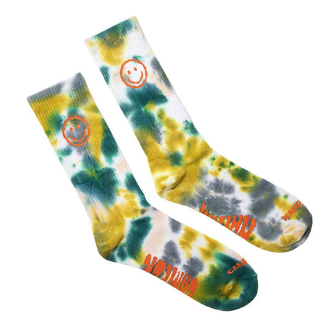Happiest Camper Tie Dye Socks with smiley design, green and yellow patterns. Comfortable crew socks for adventures. Keywords: Trek Light.
