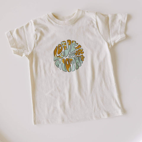 Love Your Mother kids shirt by Trek Light, featuring eco-friendly design on a soft cotton tee, unisex sizes 2T-7. Perfect gift for kids.