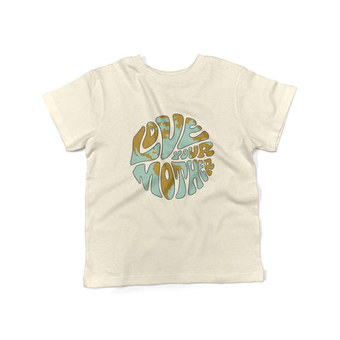 Kids cream shirt with 'Love Your Mother' graphic, perfect for eco-conscious families. Trek Light brand in sizes 2T-7.