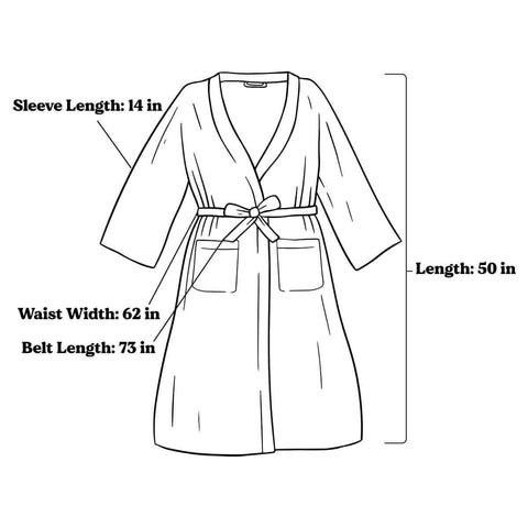 Sky Dye Robe dimensions: sleeve length 14 in, length 50 in, waist width 62 in, belt length 73 in. Cozy unisex fit by Trek Light.