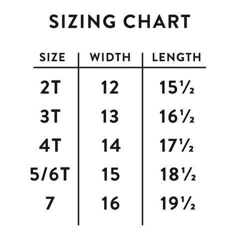 Sizing chart for Love Your Mother Kids Shirt, unisex sizes 2T to 7T. Includes width and length measurements for each size.