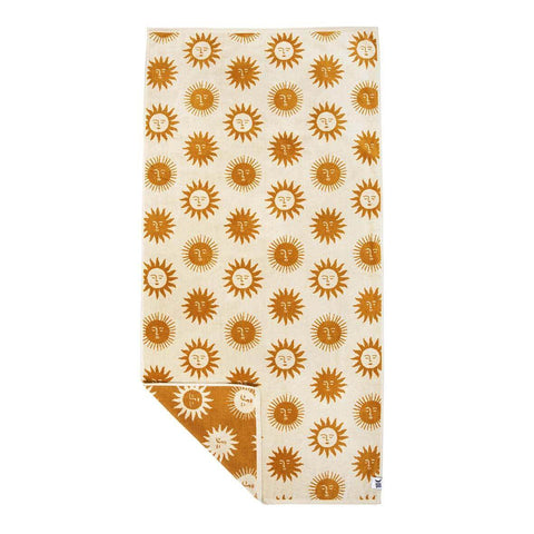 Trek Light Sunny Bath Towel with sun pattern, 100% sustainably sourced cotton, soft and highly absorbent, ideal for eco-friendly comfort.