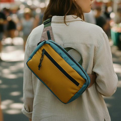 Person wearing a yellow and blue crossbody Trek Light Everyday Fanny Pack in an outdoor setting
