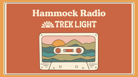 Retro cassette design with mountains and sunset, labeled Hammock Radio and Trek Light.
