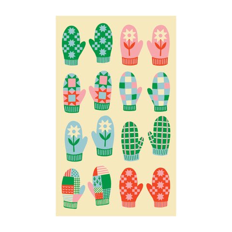 Colorful mittens pattern on kitchen, tea, and dish towel; eco-friendly, absorbent, and quick-drying fabric.