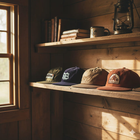 Collection of stylish Trek Light hats on rustic wooden shelf, next to window with books and lantern, casting warm natural light.