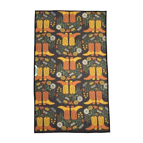 Western Bloom kitchen & tea towel with floral and boot pattern, eco-friendly, made from recycled materials, perfect for dishes and counters.