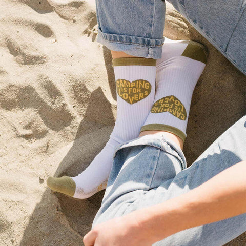 Camp at ease in Trek Light 'Camping Is For Lovers' cozy crew socks, perfect for outdoor adventures and everyday comfort.