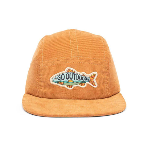 Go Outdoors corduroy kids hat with fish logo, 5-panel snapback, flat brim. Perfect for outdoor adventures by Trek Light. Unisex.