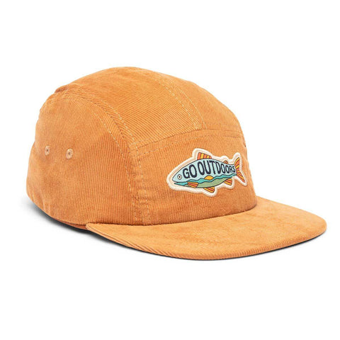 Go Outdoors Trek Light 5-panel kids snapback hat in corduroy with flat brim and fish patch.