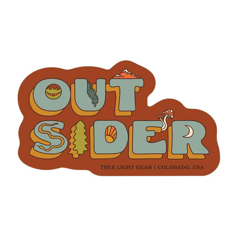 Trek Light Outsider sticker, 4x2.29", UV fade and water-resistant, perfect for outdoor gear, Made in USA, vibrant design.