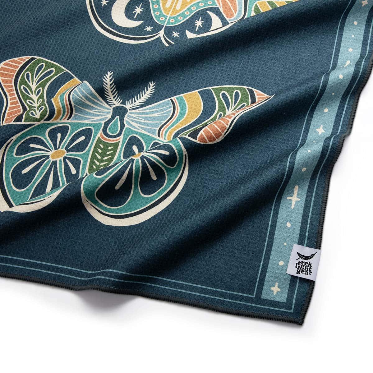 Painted Moth Yoga Towel. Grip Texture. Compact Travel Pouch. Quick