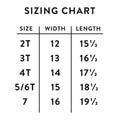 Sizing chart for Take Me To The Mountains Kids Shirt, sizes 2T-7, with width and length measurements.