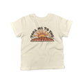 Kids shirt with 'Take Me To The Mountains' design, perfect for outdoor play. 100% cotton, unisex sizes 2T-7. Trek Light tee.