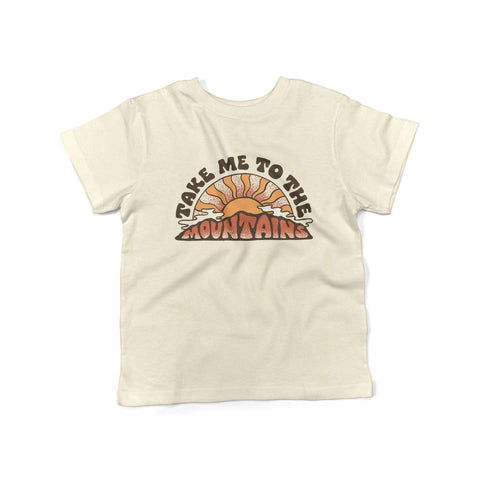 Kids shirt with 'Take Me To The Mountains' design, perfect for outdoor play. 100% cotton, unisex sizes 2T-7. Trek Light tee.