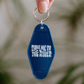 Retro-style blue key tag with 'Take Me To The River' text, inspired by Al Green, perfect for Trek Light enthusiasts.