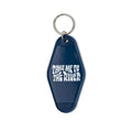 Retro-style 'Take Me To The River' key tag with blue color by Trek Light, ideal for vintage hotel, motel vibes.