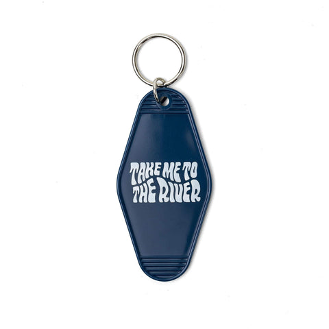 Retro-style 'Take Me To The River' key tag with blue color by Trek Light, ideal for vintage hotel, motel vibes.