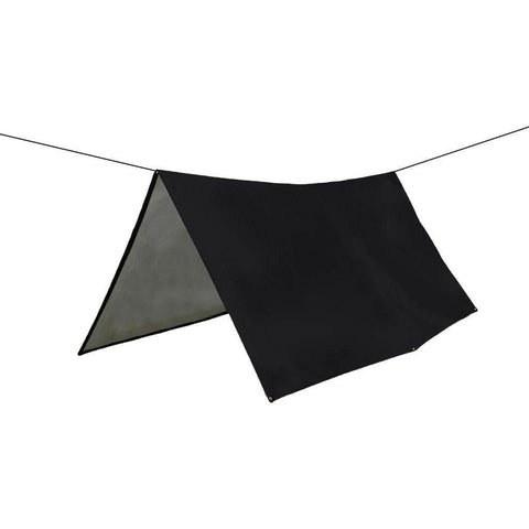 Trek Light V9 Strong Tarp set up as a hammock rain fly, providing durable weather protection in a sleek and practical design.
